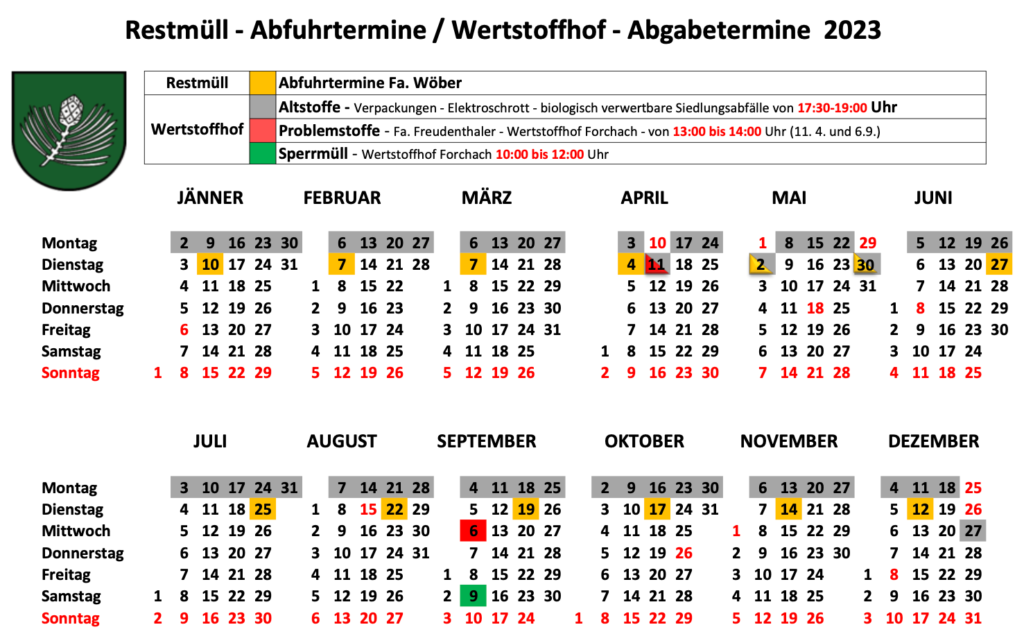 Jahresplan Termine Restmüll & Wertstoffhof